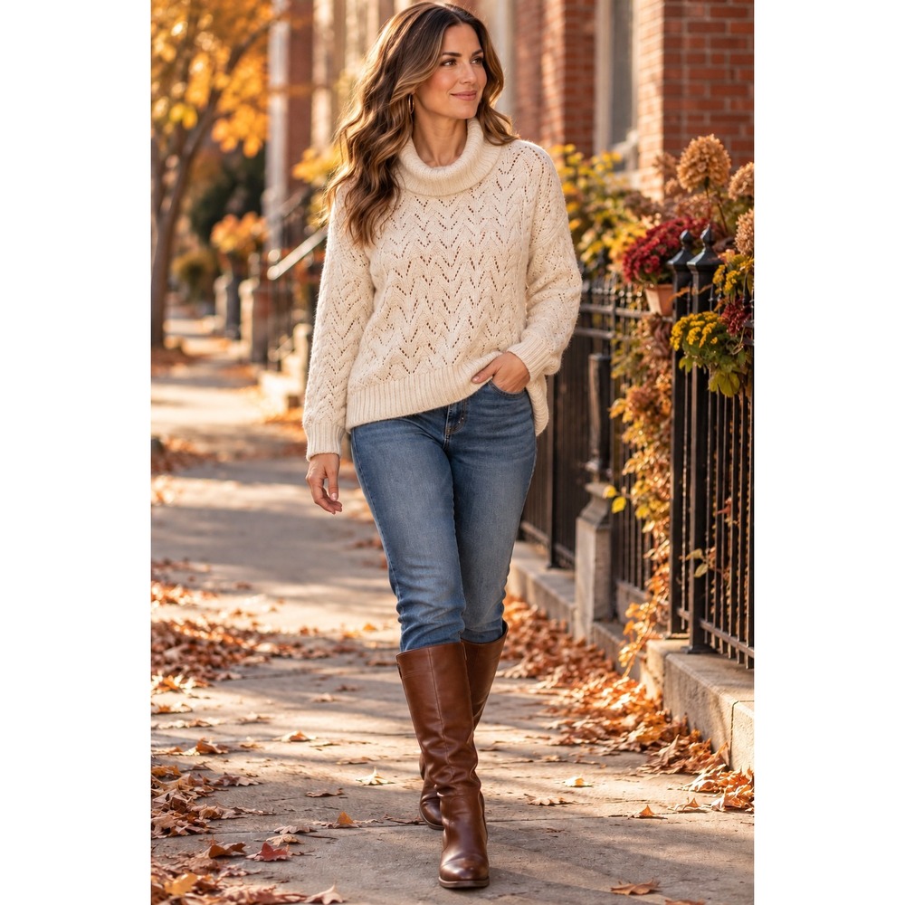 Old Navy Go-Recycled Sweater M Cream Cowl Neck Pointelle Knit Cozy Pullover
